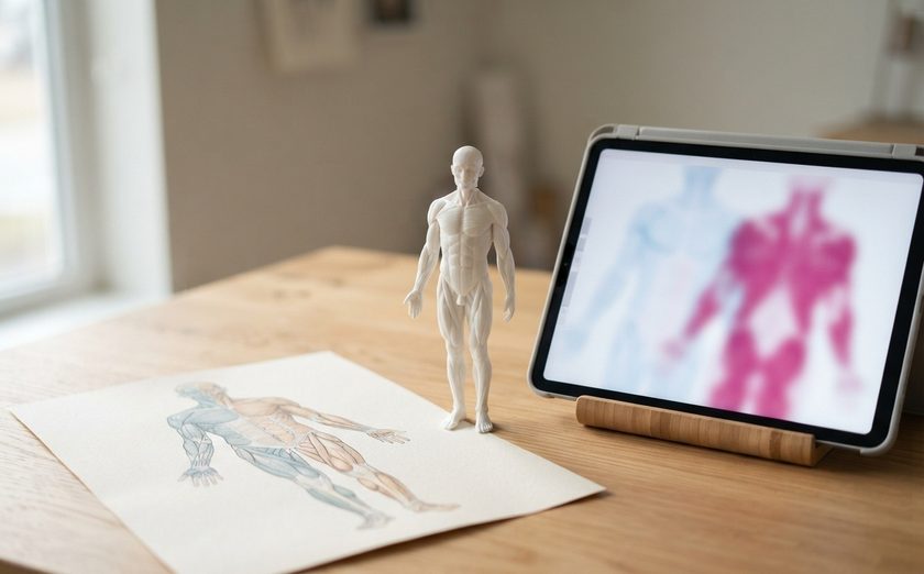 印刷した医学チャートと医学模型、同じ内容を表示したタブレット